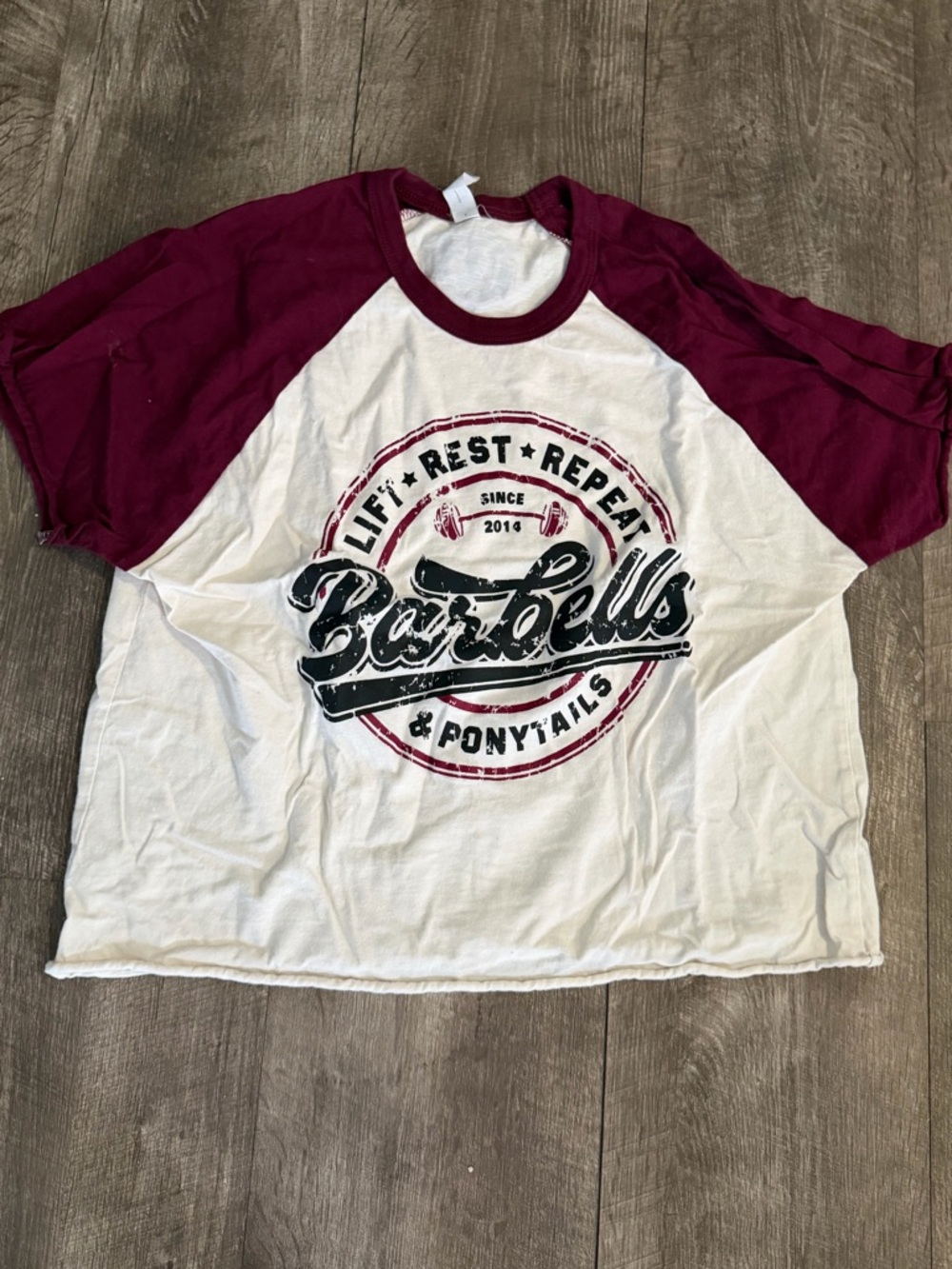 Barbells & Ponytails White and Burgundy Raglan Crop Top
